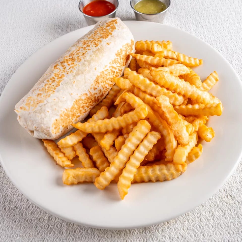 A Montecristo Taqueria y Pupuseria burrito and crinkle-cut fries on a white plate with two dipping sauces.