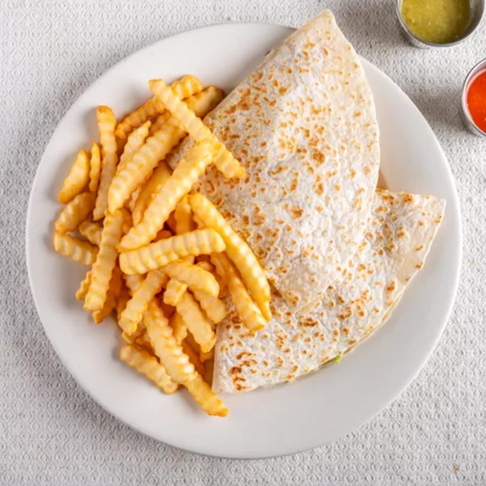 A quesadilla and crinkle-cut fries on a white plate, with two small sauce cups in the background.