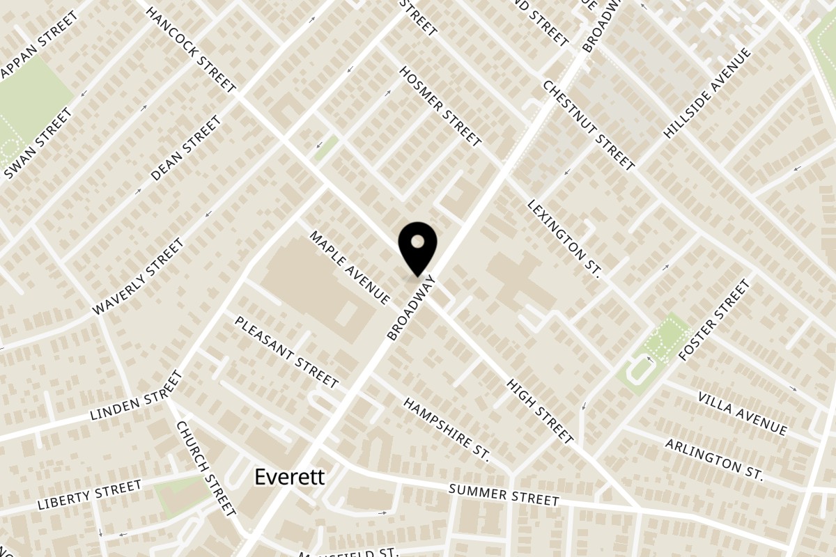 Map showing the location of Montecristo Taqueria y Pupuseria on 574 Broadway in Everett